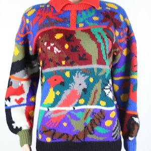 May include: A colorful knitted sweater with a multi-colored pattern of birds, leaves, and other designs. The sweater has a red collar and a button closure.
