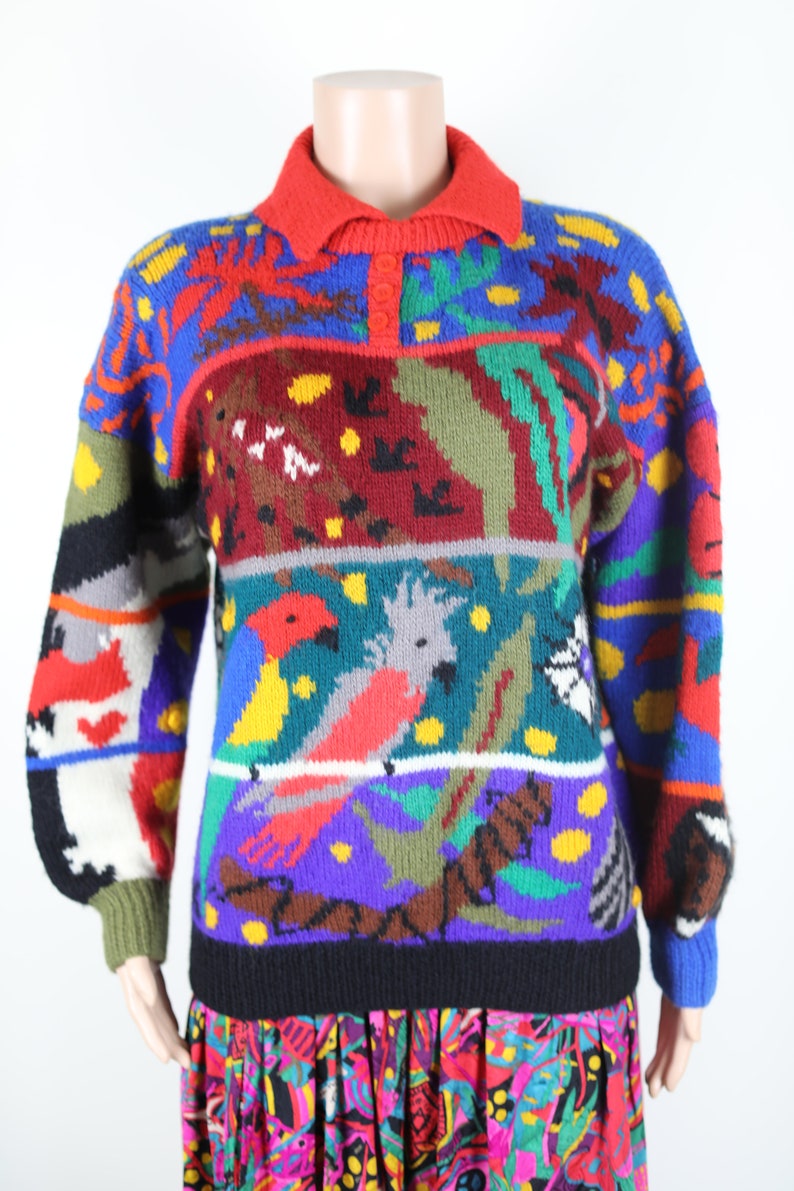 May include: A colorful knitted sweater with a multi-colored pattern of birds, leaves, and other designs. The sweater has a red collar and a button closure.