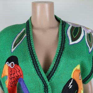 Puede incluir: Chaleco de punto verde sin mangas con cuello en V y p&aacute;jaros y flores bordados de colores.