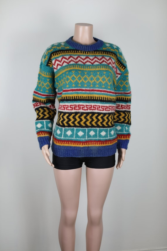 Pull moche VINTAGE DES ANNEES 90 Grosse maille geometrique de laine turquoise pull des annees 90 taille large tricot des annees 90 pull azteque vintage tricot des annees 90 geometrique Etsy France