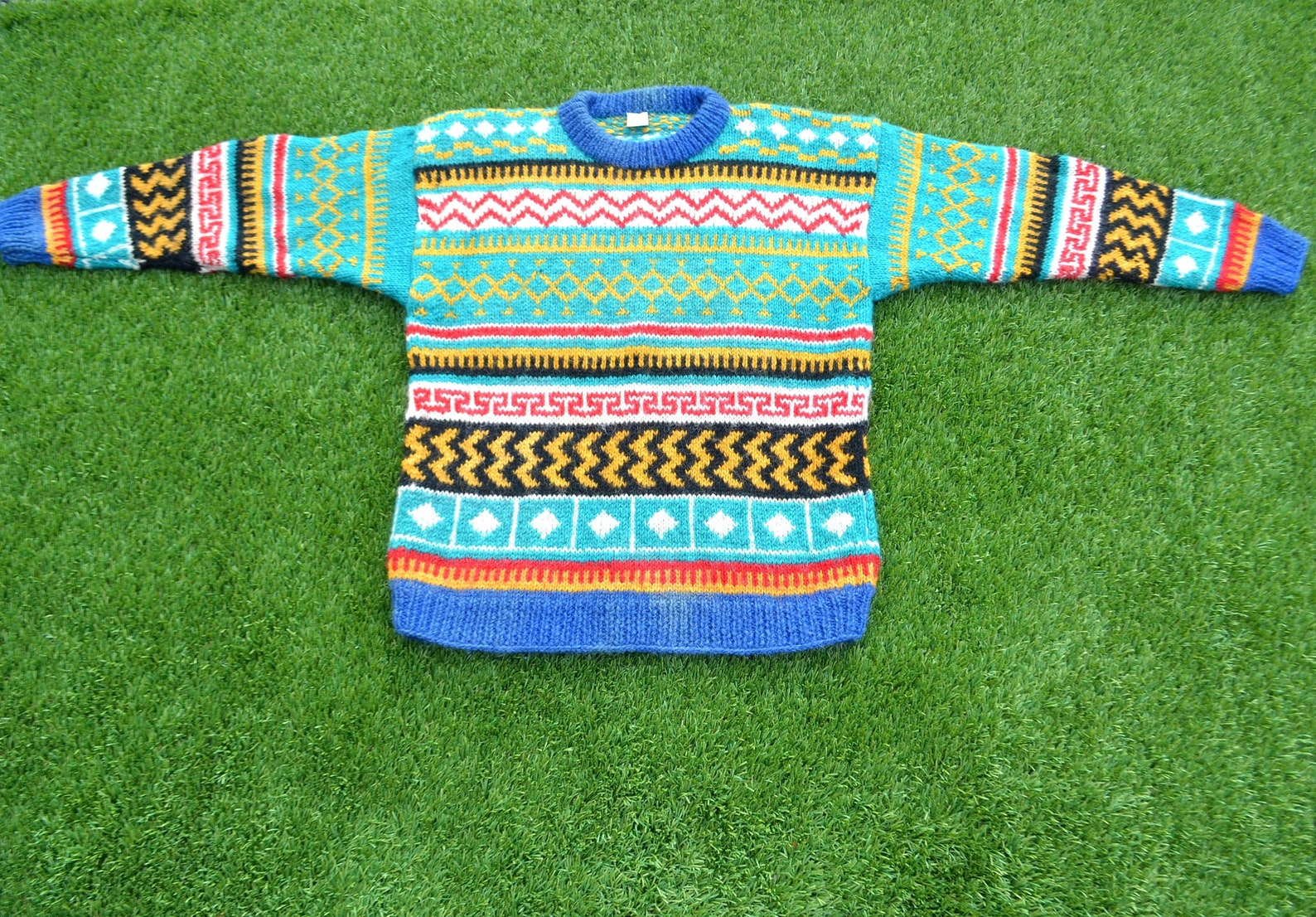 VINTAGE 90s UGLY JUMPER Turquoise Chunky Geometric Woolen Etsy Italia