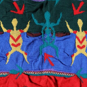Pu&ograve; includere: Primo piano di un tessuto a maglia con un motivo ripetuto di figure stilizzate in giallo, verde acqua e rosso su uno sfondo blu e verde. Il design include frecce rosse e un bordo rosso e bianco.