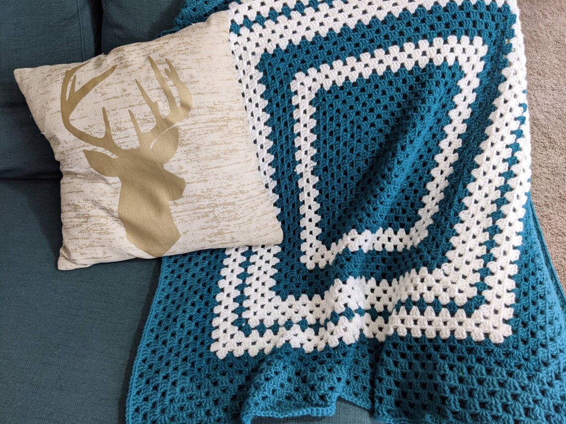 Soft Dark Blue and White Crochet Throw Blanket Etsy