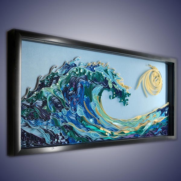 Quilled Curled Blue Wave, Reflects Golden Sun, 9x20 Shadowbox Frame