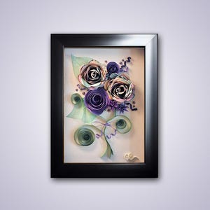 Quilled Bouquet in Purple and Green, Accented With Leaf Skeletons, 5x7 Shadowbox Frame