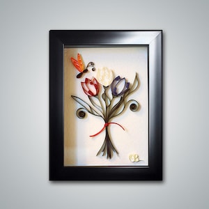 Quilled Red White Blue Bouquet Art, 250th US Anniversary, Shadowbox Frame