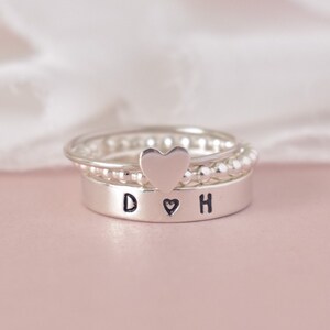 Custom couples initials ring, sterling silver stackable initial ring, hand stamped ring, initials band ring, romantic gift for girlfriend