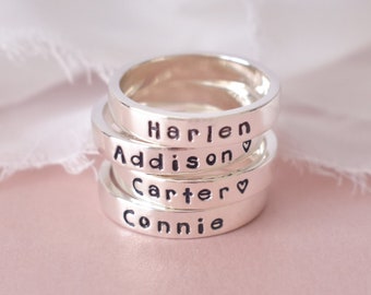 Stackable name rings, hand stamped ring sterling silver, custom mothers ring, ring with names, child name ring, 1st mothers day gift