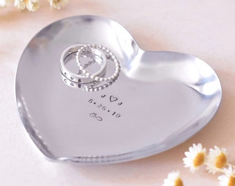 Personalized Heart Ring Dish, Hand Stamped Stainless Steel, Wedding Gift