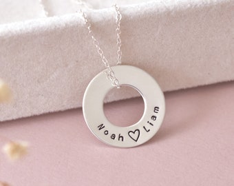 Personalized family name necklace, custom children names necklace sterling silver, circle name necklace, hand stamped washer necklace