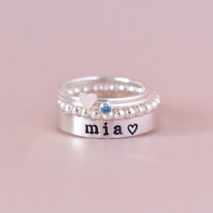 Stackable name ring, birthstone ring sets, sterling silver mom ring with kids name, child name ring, stacking ring set, first time mom gift