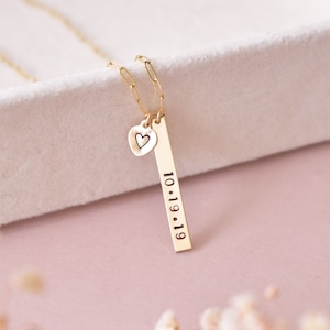 Personalized date necklace gold, vertical bar necklace silver, wedding date necklace, custom name plate necklace, anniversary date necklace