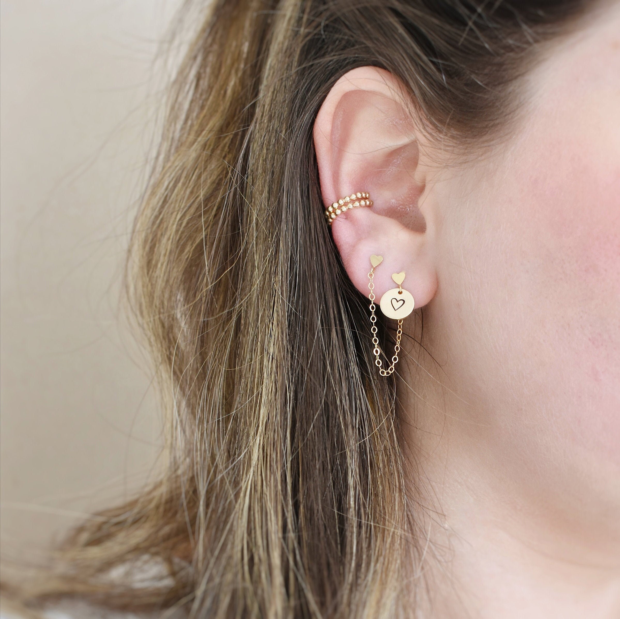 Custom initial two holes earrings gold filled double piercing Etsy