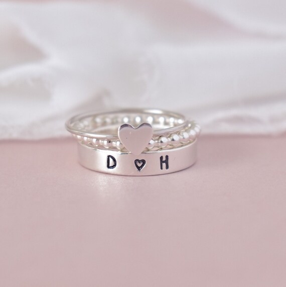 sterling silver stackable initial ring Custom couples initials ring initials band ring hand stamped ring romantic gift for girlfriend