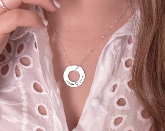 Personalized washer necklace, custom circle name necklace sterling silver, children name necklace, hand stamped  family necklace for mom