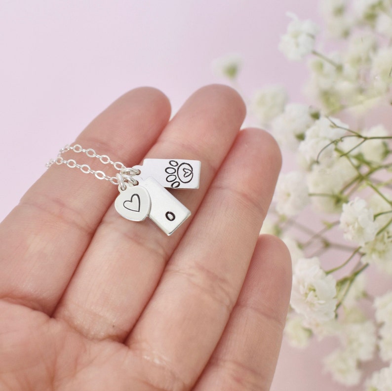 dog memorial gift dog lover gift paw print initial necklace silver pet loss gift hand stamped dog tag necklace Custom Dog mom necklace