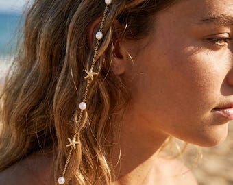 Pearl Drift Strand Charms, Clip-In Hair Chain for Braids, Buns, Beach Hair Jewelry Festival