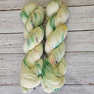 May include: Two skeins of hand-dyed yarn in a light green and white colorway with splashes of purple, yellow, and orange.