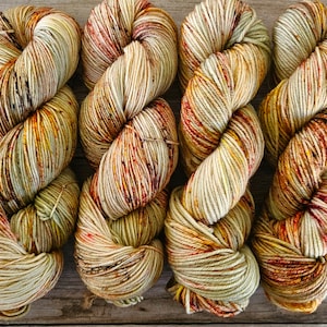 May include: Four skeins of yarn in a variegated colorway with shades of beige, brown, orange, and red. The yarn is arranged in a criss-cross pattern.