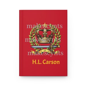May include: Red notebook with a gold crown, sword, and laurel wreath design. The text "makescynts of a makescynts" and "H.L. Carson" are printed on the cover.