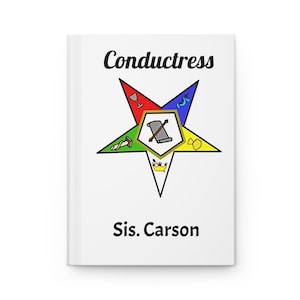 May include: A white notebook with the word "Conductress" in black script at the top. A colorful star emblem with various symbols is centered, and the name "Sis. Carson" is printed below.
