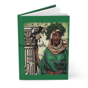 May include: A green journal with a black spine. The cover features a woman with dark skin wearing a green robe and a wreath of pine branches on her head. She is standing in front of a broken column with the text "Masonic" on it. The background is a green and brown landscape.