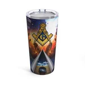 May include: A stainless steel tumbler with a colorful design featuring a compass and a "G" in the center. The design also includes a hand reaching out from a swirling background.