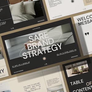 Op de afbeelding: Een verzameling presentatiedia's met een modern ontwerp. De dia's hebben een donker kleurenschema met witte en lichtgrijze tekst. De centrale dia luidt "SARE BRAND STRATEGY". Andere dia's zijn onder meer "WELCOME MESSAGE" en "TABLE OF CONTENT".