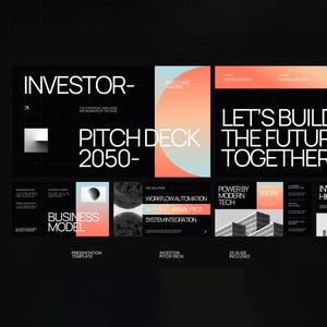 May include: A digital presentation template titled Investor Pitch Deck 2050 featuring a black background with white typography, grid lines, and gradient accents in peach and light blue. The layout includes sections for business models, workflow automation, and infrastructure.