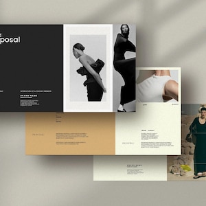 Op de afbeelding: Een presentatie-indeling met de woorden "Brand Proposal" in witte tekst op een zwarte achtergrond. De indeling bevat afbeeldingen van mensen in zwart-wit en de tekst "24 Unique Slides".