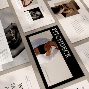 Pode incluir: Um pitch deck de apresentação em preto e branco com o título "Pitchdeck" e o texto "Blanc Fashion 2023". A apresentação inclui uma lista de clientes, uma seção sobre branding e uma seção sobre manutenção.