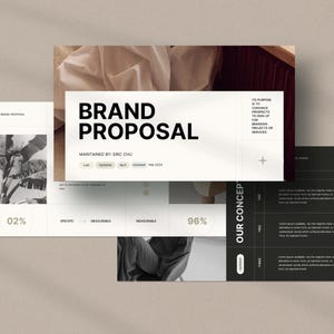 Puede incluir: Maquetas digitales para una propuesta de marca, con el título "BRAND PROPOSAL" en texto negro en negrita. El diseño incluye una imagen en escala de grises de una planta y una combinación de colores gris oscuro y blanco. Las maquetas muestran texto y valores porcentuales.