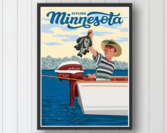 Explore Minnesota, Vintage Fishing Poster by Rich Sladek (frame not included)