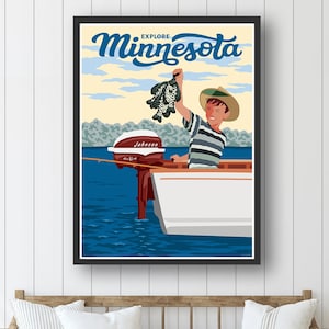 Explore Minnesota, Vintage Fishing Poster by Rich Sladek (frame not included)