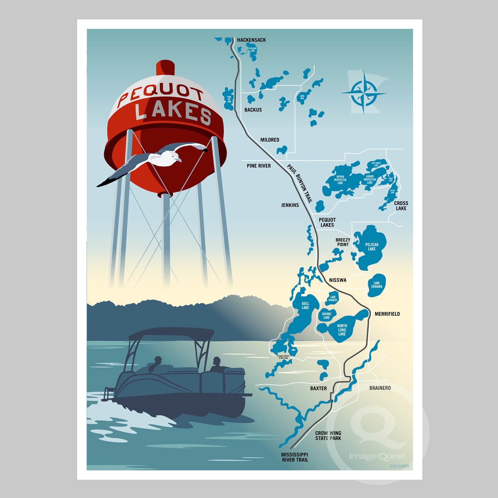 Pequot Lakes Map, Minnesota, Poster by Rich Sladek frame Not Included