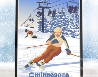Ski Minnesota, Snow Skiing, Snowboarding Poster by Rich Sladek (frame not included)