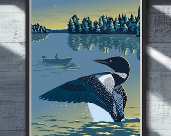Sunset Loon | Common Loon | Vintage Loon Art | Minnesota Poster by Rich Sladek (frame not included)