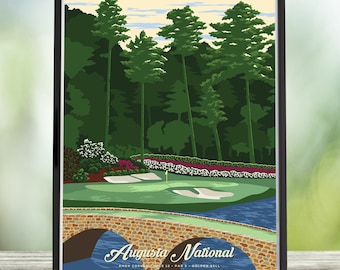 Augusta National Hole 12 'Golden Bell' Golf Poster by Rich Sladek (frame not included)