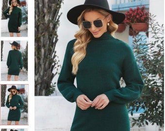 Grey or Green Sweater Dress with High Collar And Lantern Sleeves In Small Wool