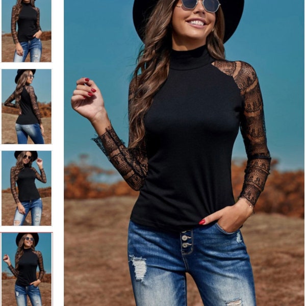 Top \ Black Long Sleeve Crochet Lace Mock Neck Sweater