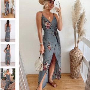 Long Gray Floral Wrap Summer Dress With Slit And Neckline image 1