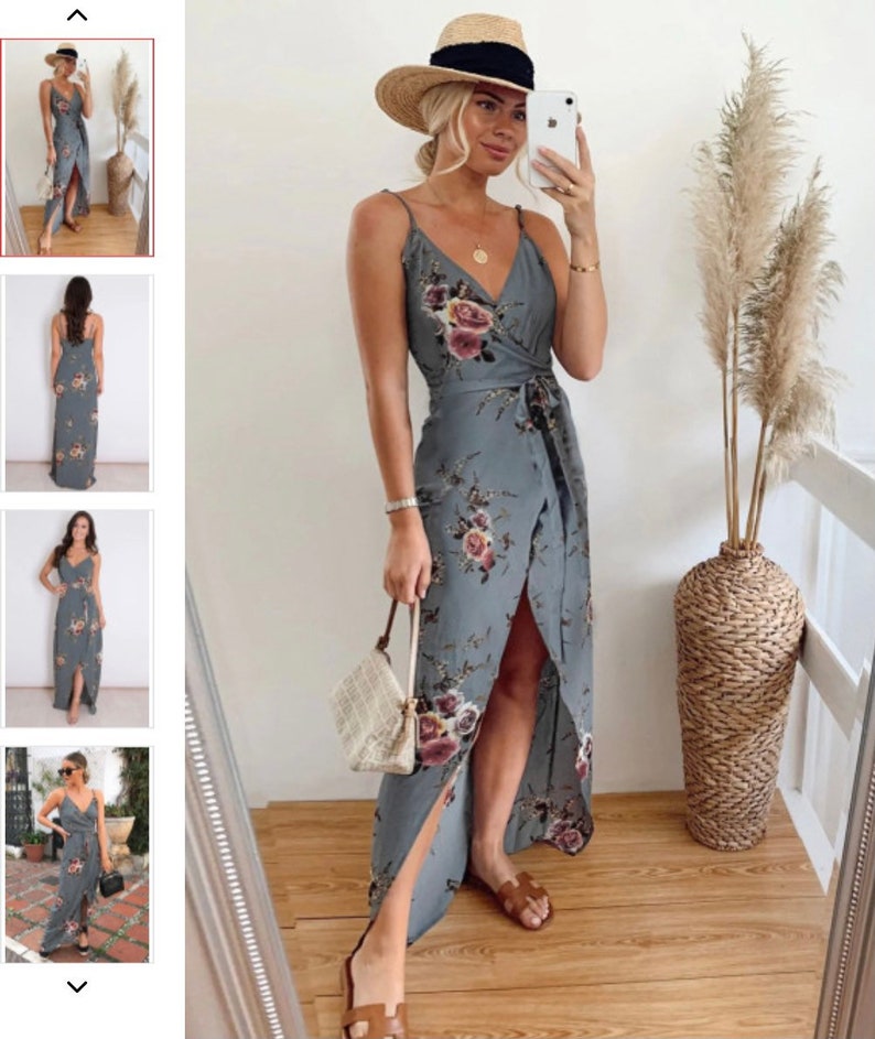 Long Gray Floral Wrap Summer Dress With Slit And Neckline image 1