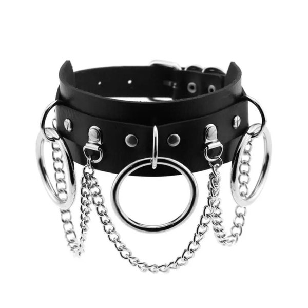 Collier BDSM gothique sexy, fait de cuir VEGAN noir et chaîne.