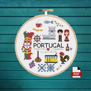 World Countries Cross Stitch PDF Pattern, Portugal icons, Travel