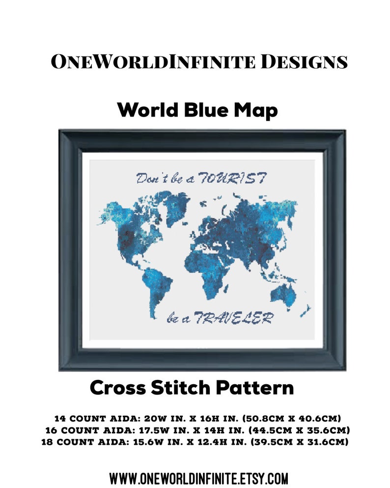 20"x16" World Blue Map Travel Cross Stitch PDF Pattern - Etsy
