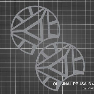 May include: Two gray 3D printed geometric designs with a triangular pattern. The designs are printed on a gray grid background. The text "ORIGINAL PRUSA i3 M by Josef" is printed below the designs.