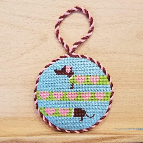 Round Dachshund Dog Heart Sweater Ornament Needlepoint Canvas - Doxy - Hand painted 13 count