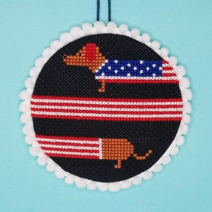Dachshund Cross Stitch Pattern  - Flag Sweater - July 4th Doxy Dog Ornament PDF Download