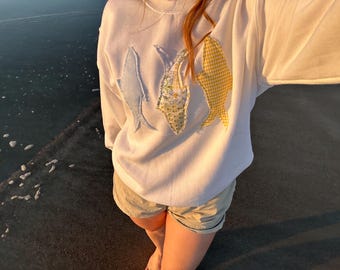 Handmade Patchwork Fish Gildan Crewneck Sweatshirt, Fisherman Gift