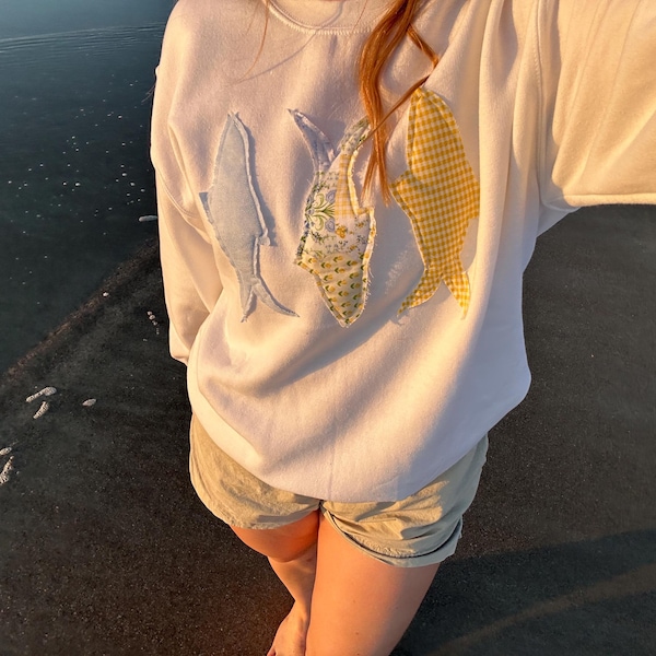 Sudadera Gildan de cuello redondo con diseño de peces patchwork hecha a mano, regalo para pescadores